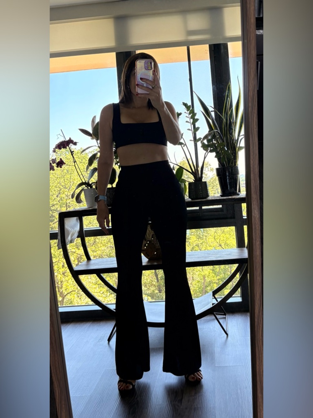 Nasty Gal Black High-Rise Flare Pants and Crop Top.